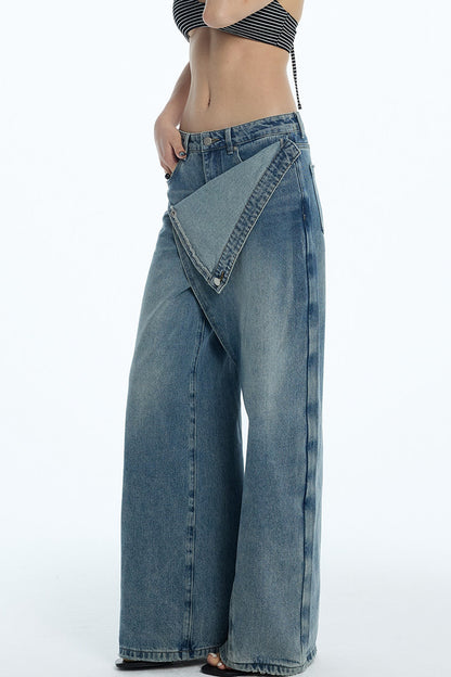 Asymmetrical Deconstructed Denim Wide-Leg Pants