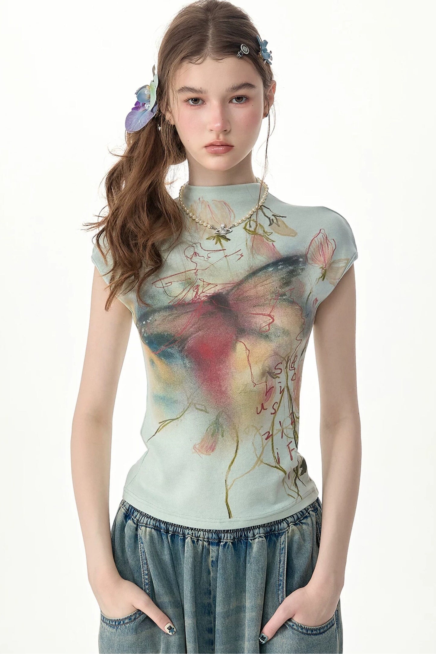 Watercolor Butterfly Print Short Sleeve Top