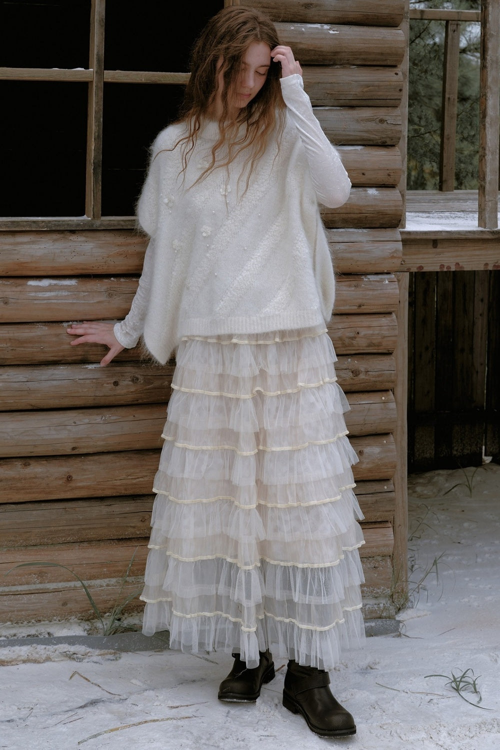 Mesh Velvet Layered Chiffon Skirt