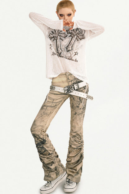 Retro Ink Print Flared Pants