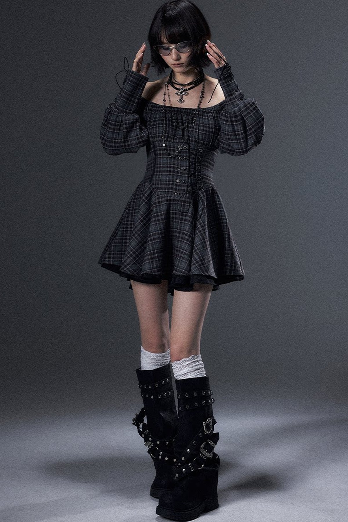 Plaid Off-Shoulder Tie A-Line Dress