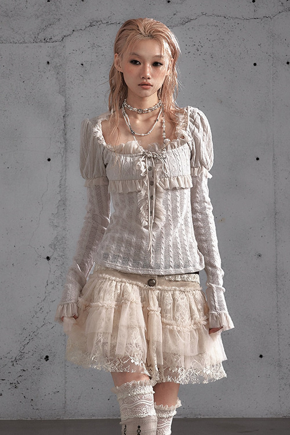 Lace Patchwork Pleated Multi-Layered Puffy Skirt