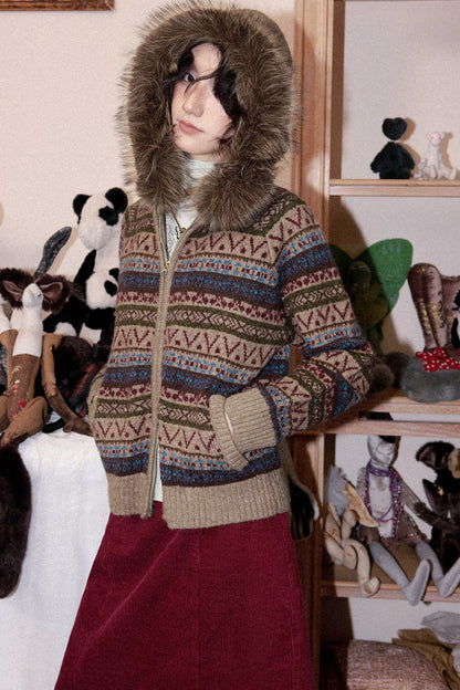 Hooded Fair Isle Wool Cardigan