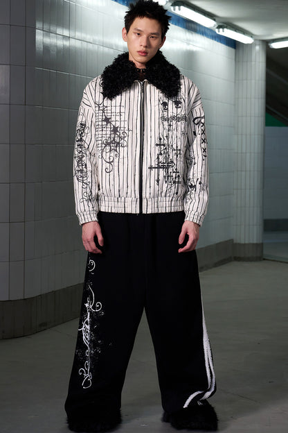 Detachable Fur Collar Thorn Stripe Jacket