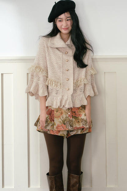 Oatmeal Ruffled Knit Cape Sweater
