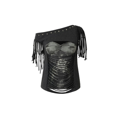 Beaded Lace Off-Shoulder T-Shirt
