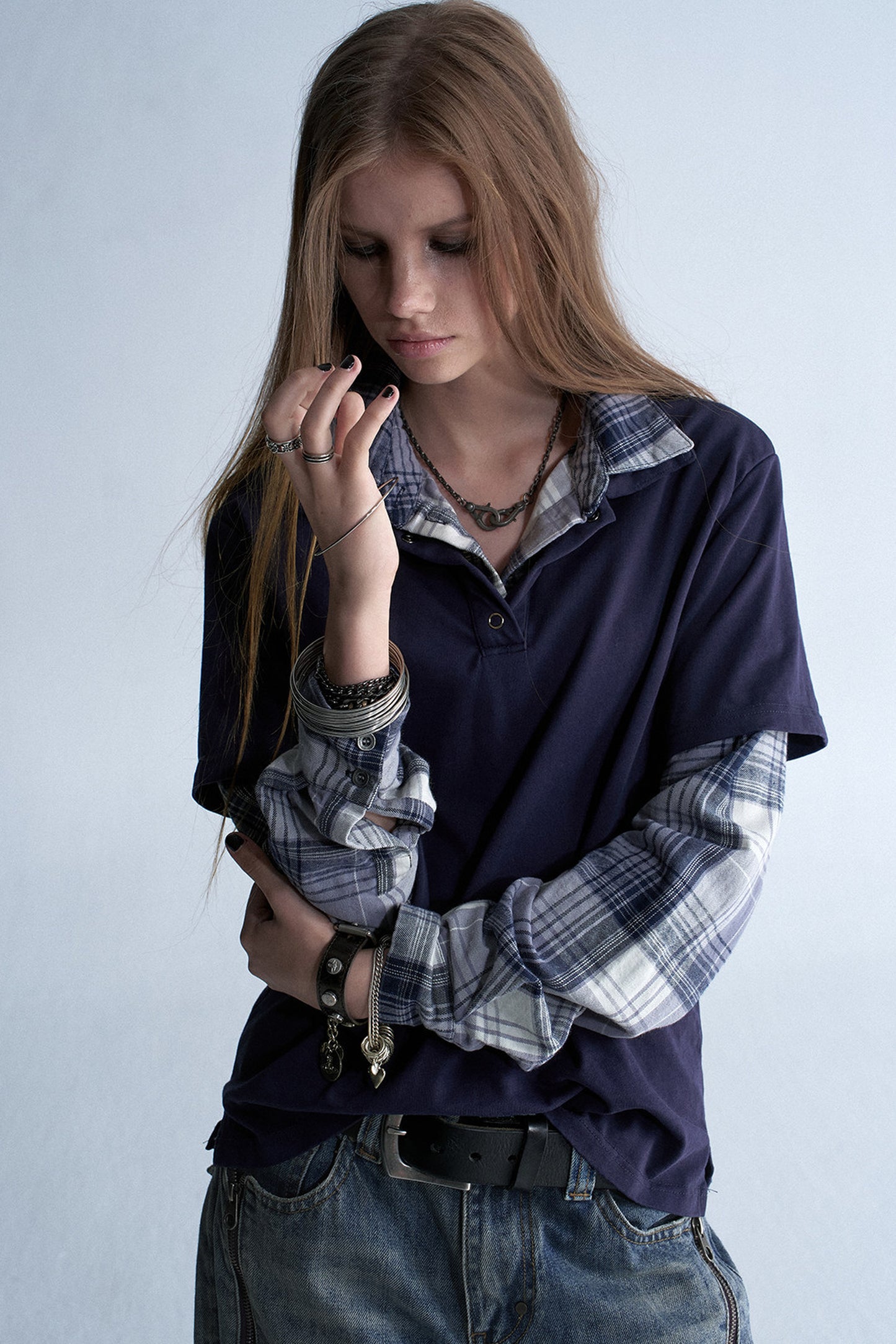 Retro Plaid Layered Washed T-Shirt