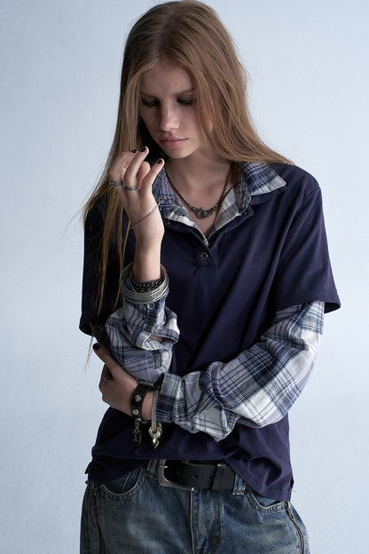 Retro Plaid Layered Washed T-Shirt