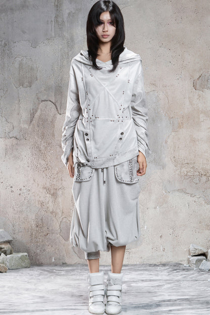Loose Distressed Rivet Hooded Sweatshirt