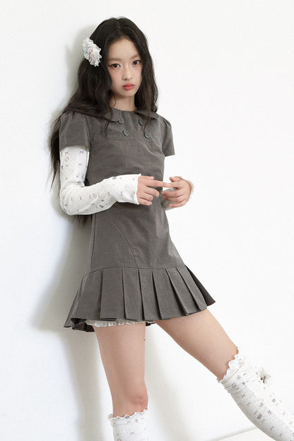 Gray Low-Waist Double-Breasted Patchwork Pleated Dress