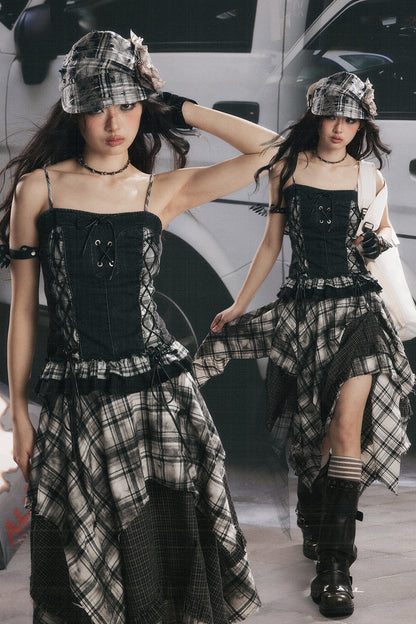 Plaid Splicing Ruffled Denim Camisole Top