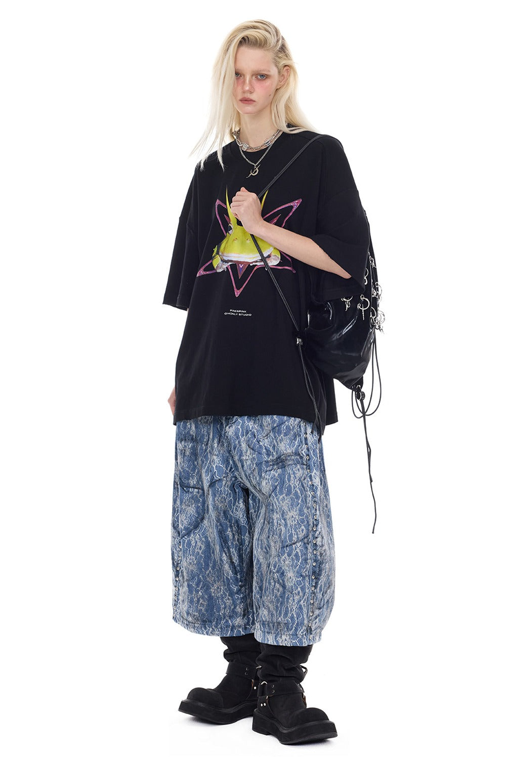 Rivet Structure Lace Denim Wide Leg Shorts