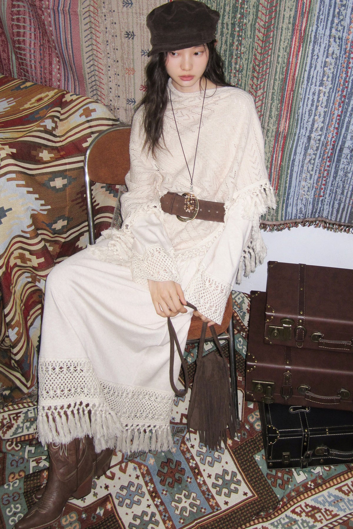 Tassel Knit Cape and Dress Set-Up