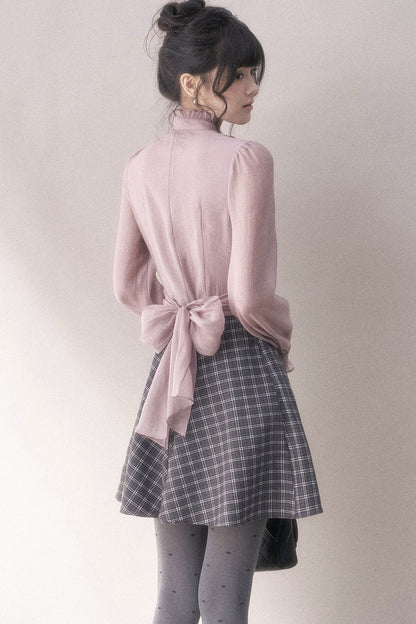 Gray-Purple Plaid Layered Pleated Stand-Collar Dress
