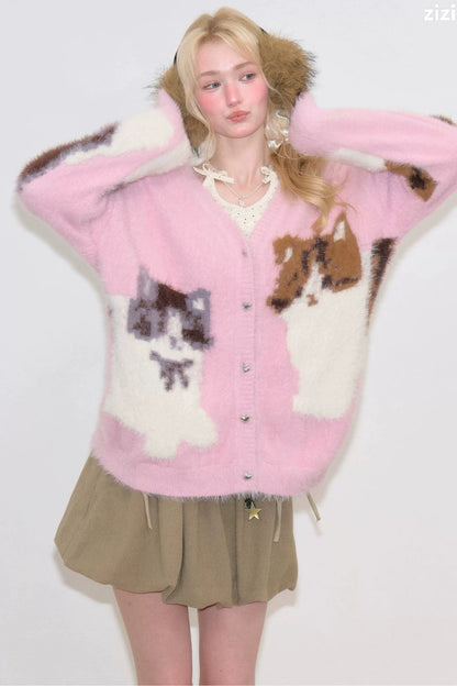 Pink Cat Knit Cardigan