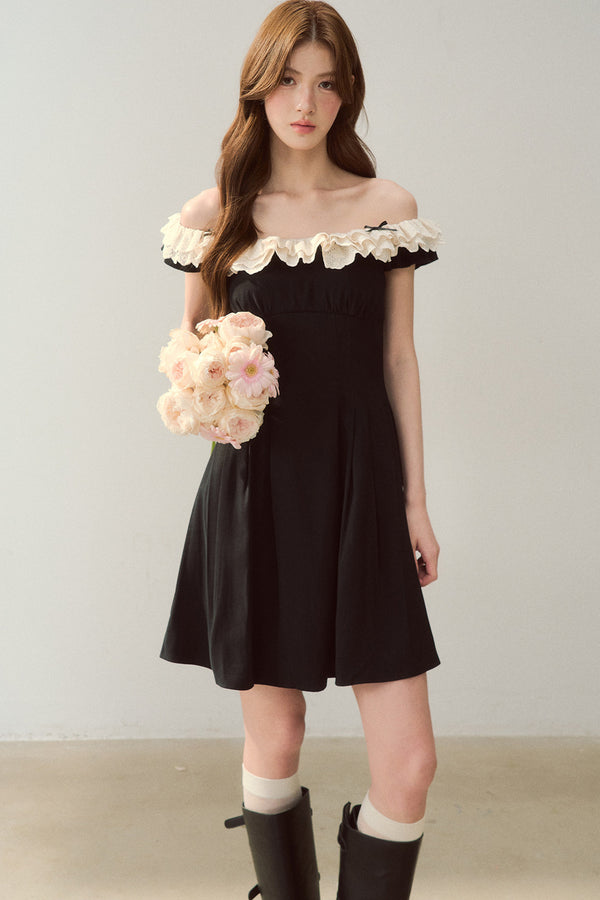 Black Lace Trim Off-Shoulder Cool Dress