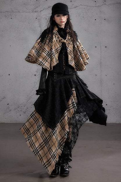 Reversible Wool Blend Plaid Cape