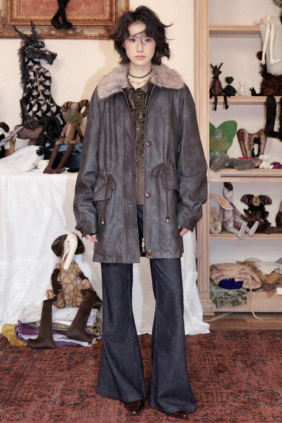 Fleece-Lined Detachable Fur Collar Leather Jacket