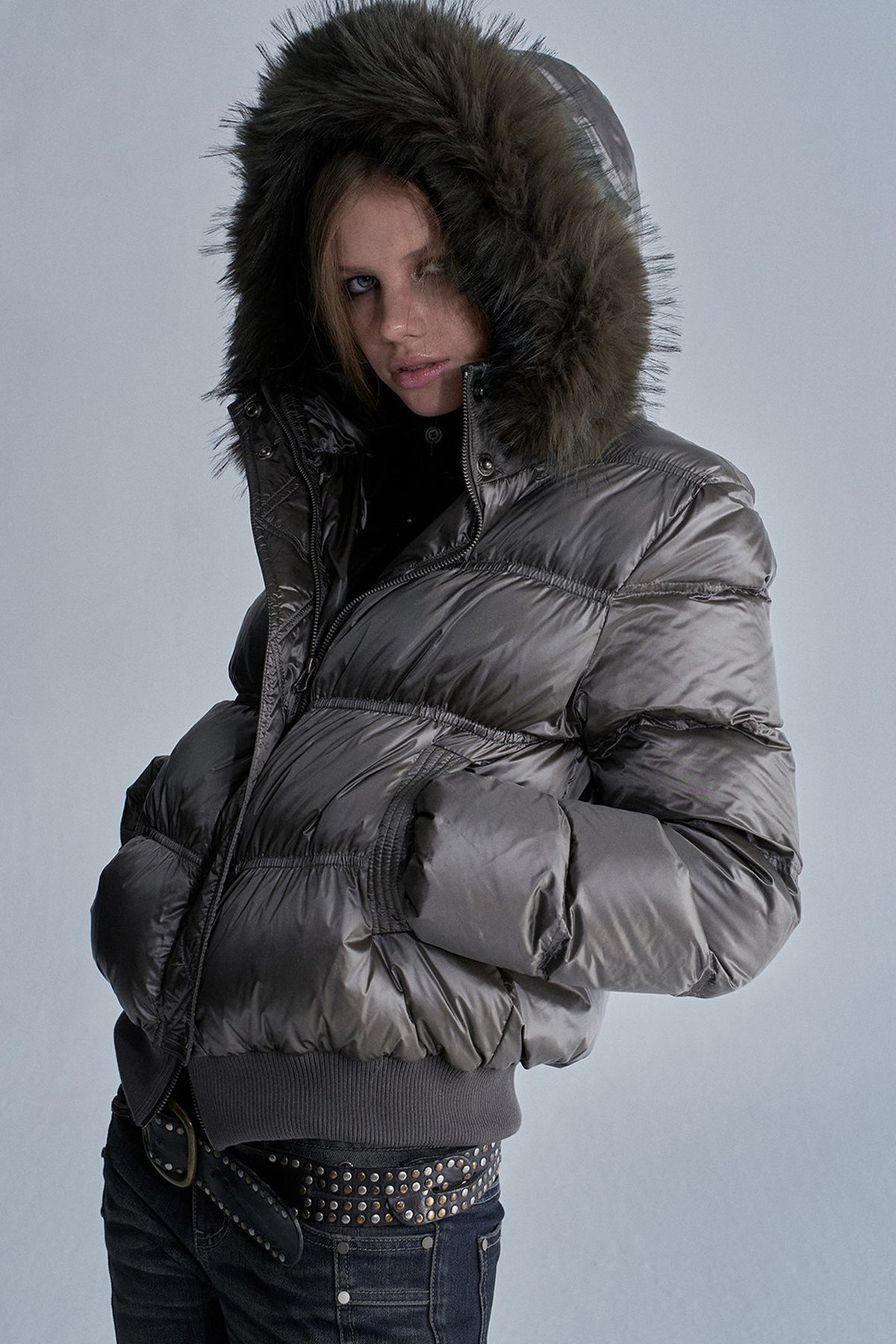 Silver Foil Fur Collar Jacket