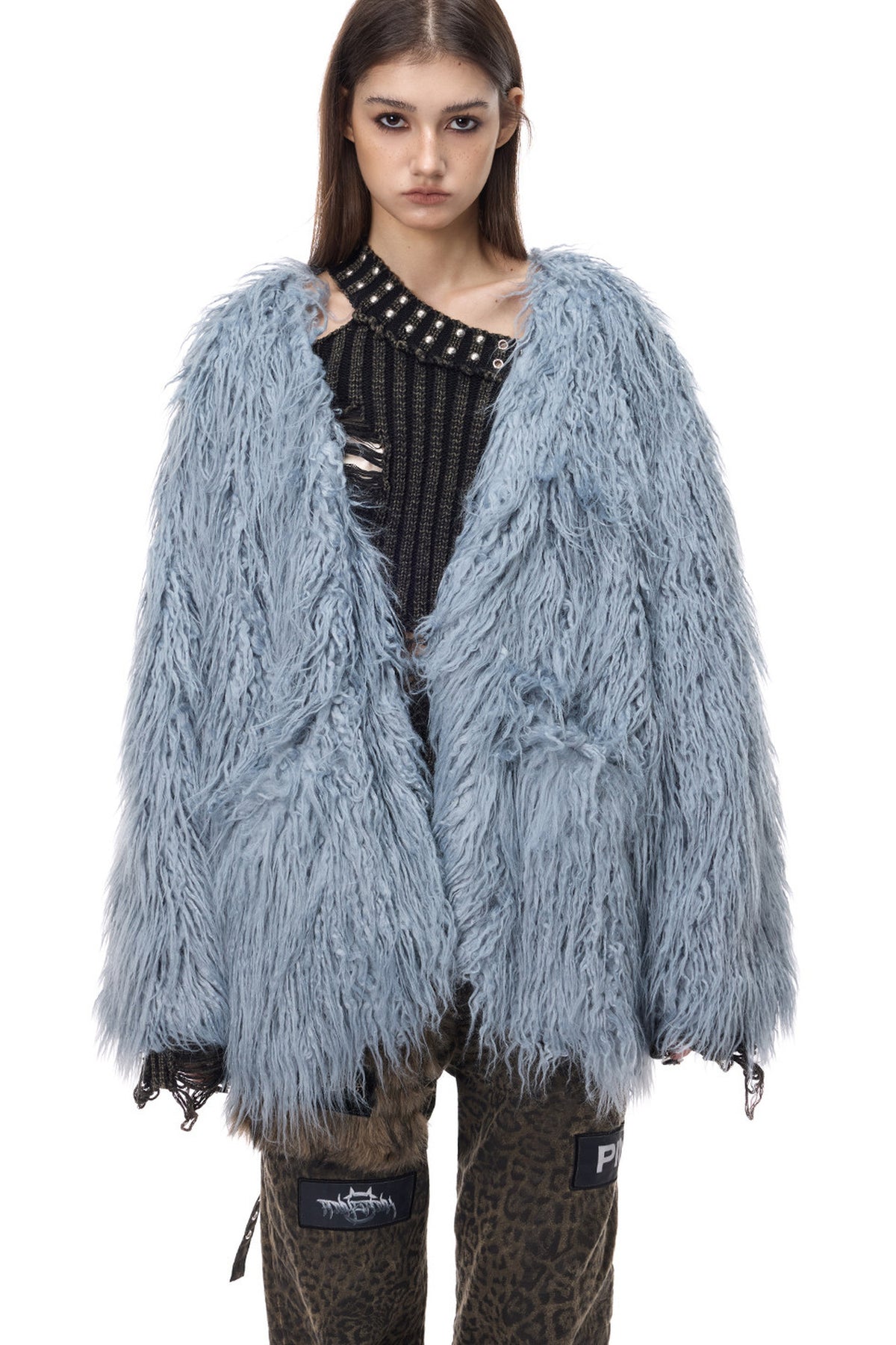 V-Neck Shaggy Contour Fur Jacket