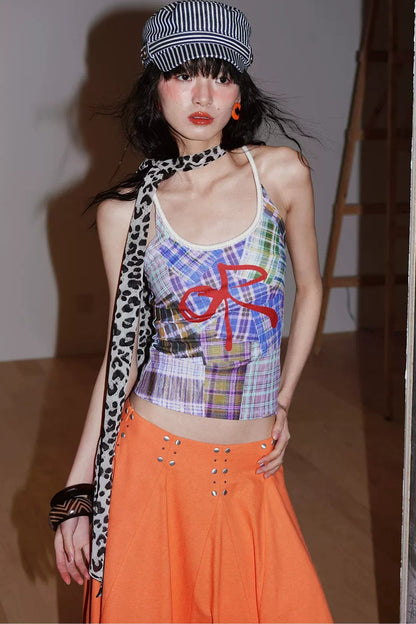 Color-Block Plaid Bow Camisole