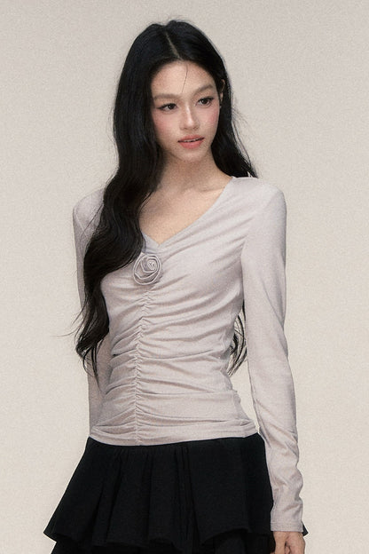 Rose Brooch Ruched Layered T-shirt