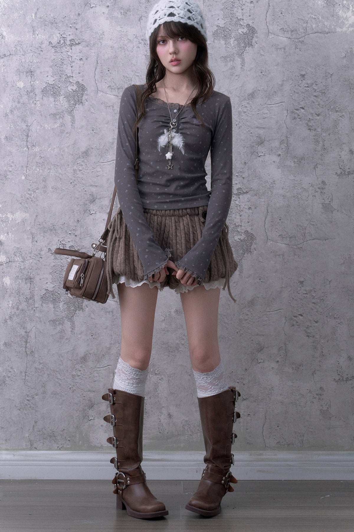 Gray Purple Lace Henley T-shirt