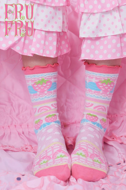Cream Strawberry Cake Print Socks