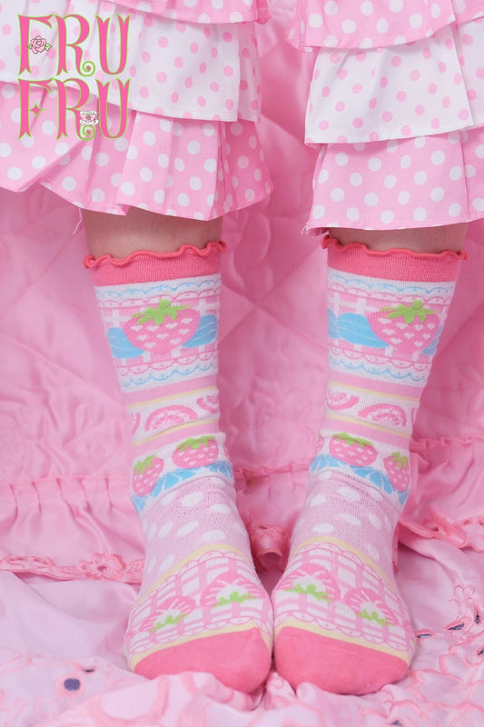 Cream Strawberry Cake Print Socks