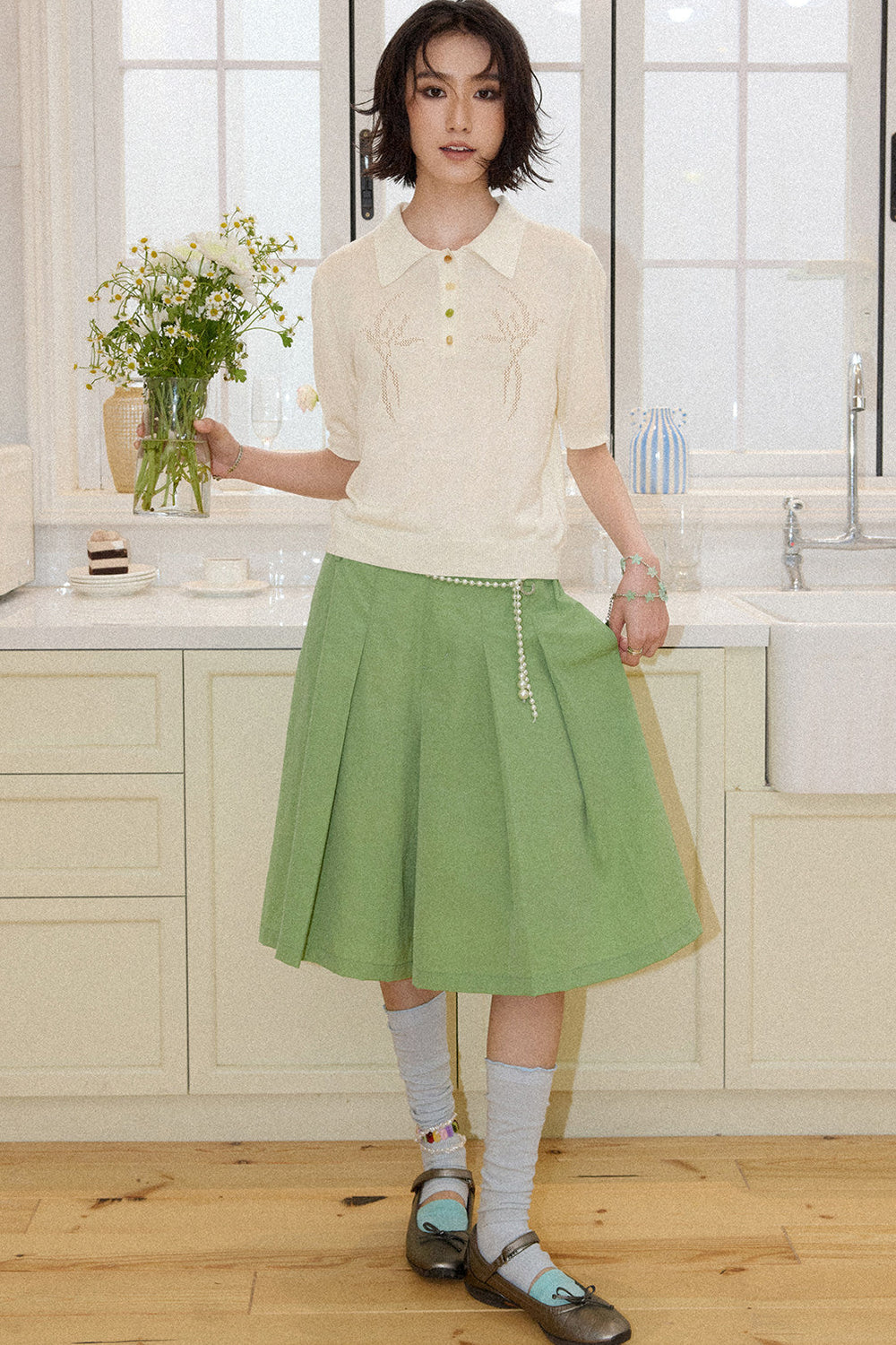 Mid-Length A-Line Pleated Skirt Pants