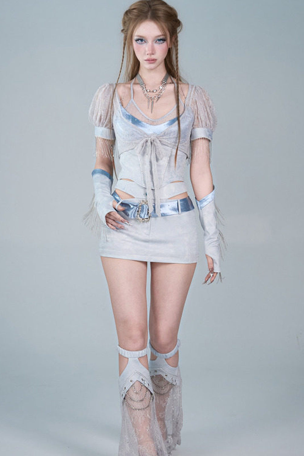 Y2K Lace Mesh Puff Sleeve Tie Cardigan Set-Up