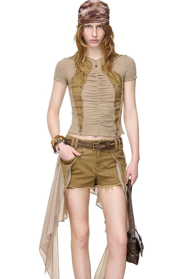 Pleated Rivet Patchwork Top