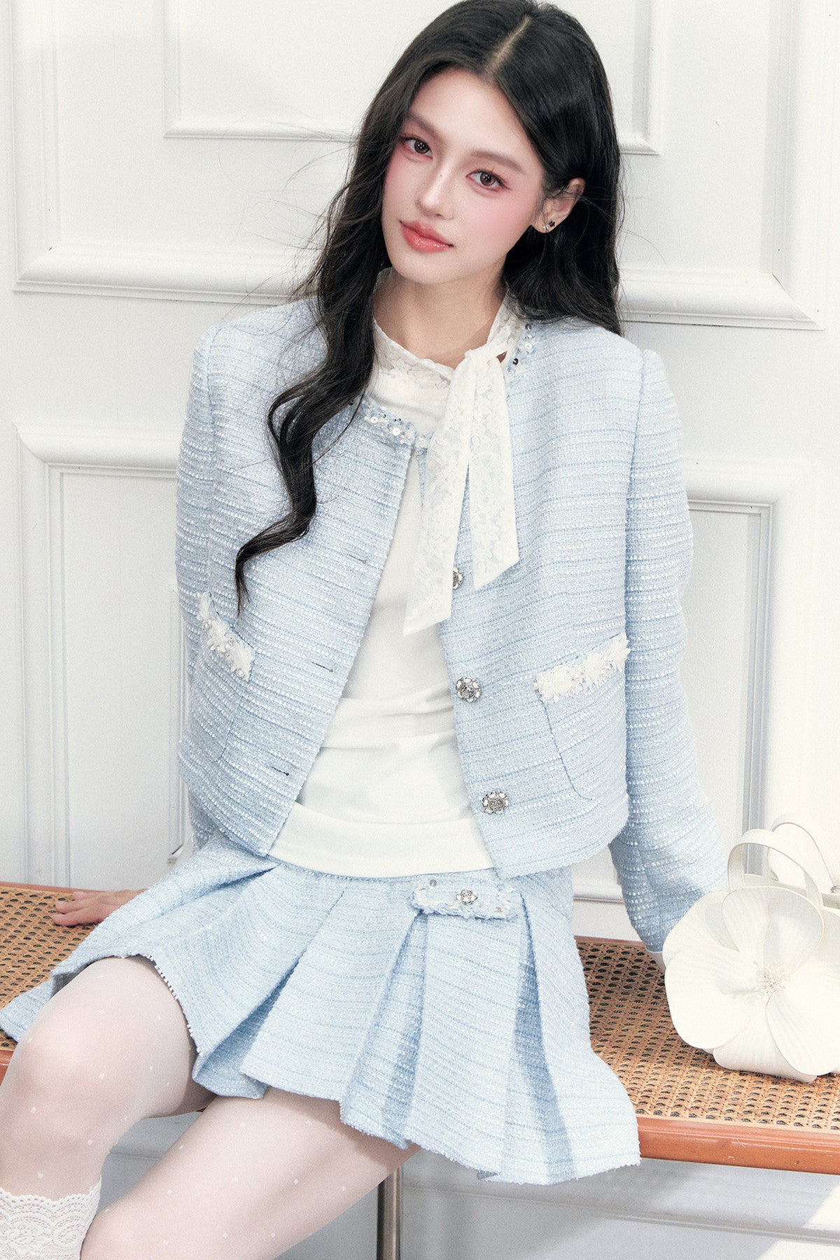 Beaded Tweed Jacket and Pleated Skirt Set