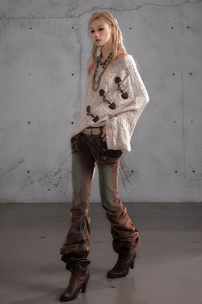 Punk Flocked Ruched Low-Waist Curved Leg Jeans