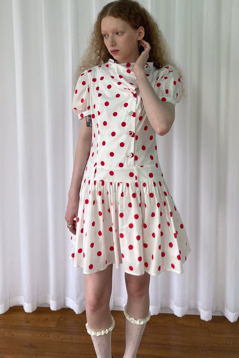 Red Retro Polka Dot Bubble Sleeve Dress