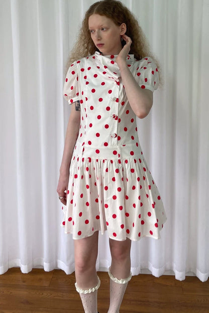Red Retro Polka Dot Bubble Sleeve Dress