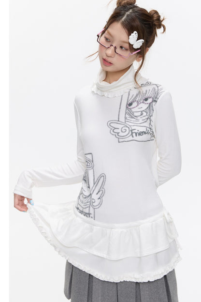 White Half-Turtleneck Printed Top