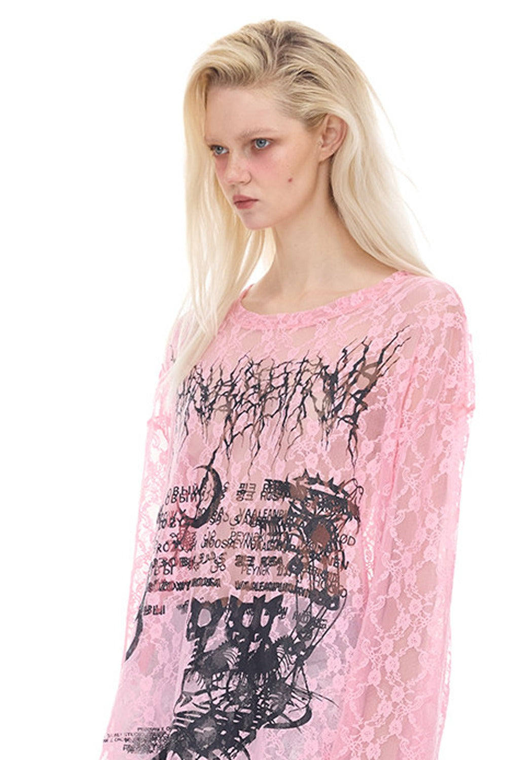 Loose Ripped Lace Cat Print Tee