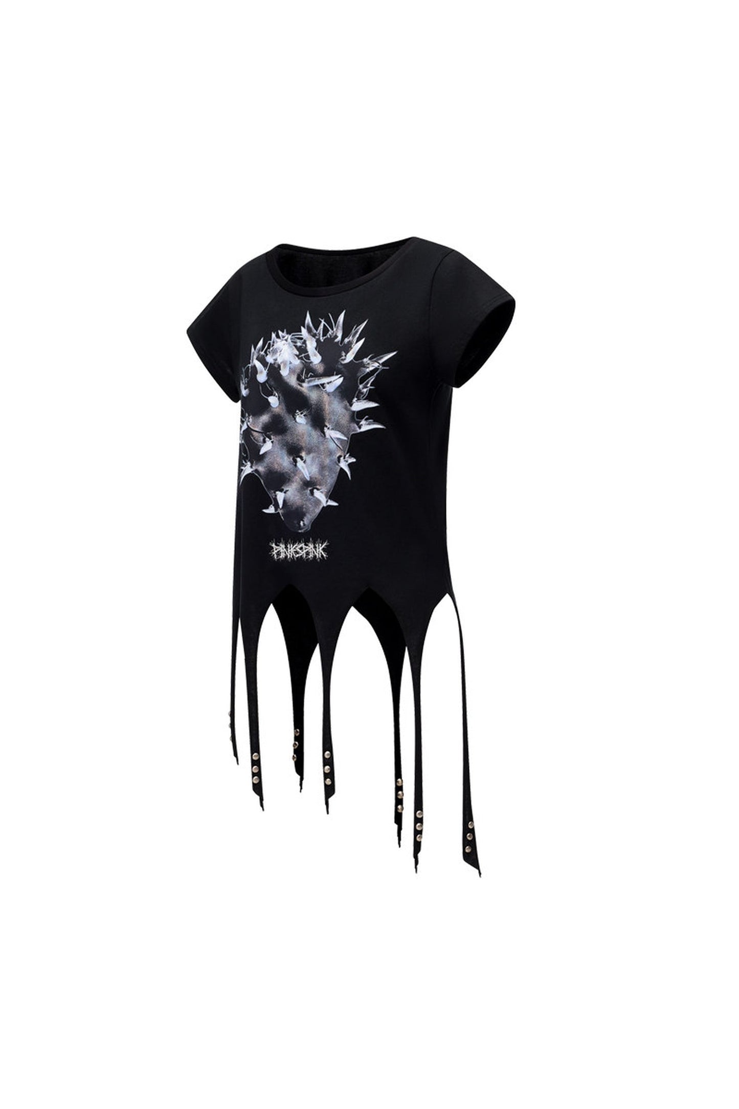 T-shirt con borchie, stampa cactus e orlo asimmetrico