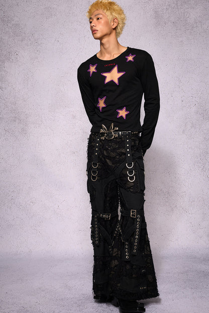 Star Hollow Mesh Embroidery Long-Sleeved Top