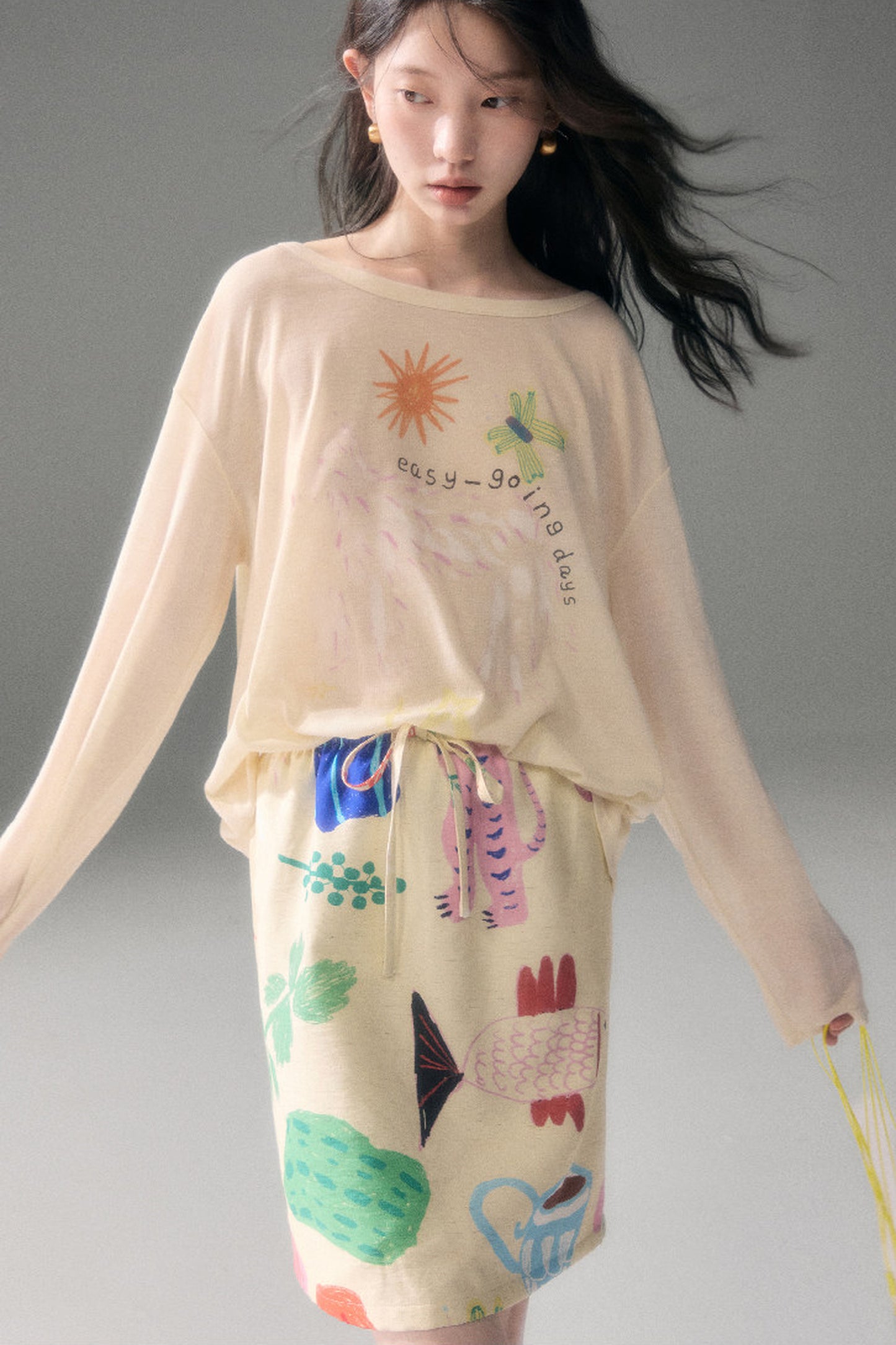 Long-Sleeve Fruit Vegetable Dog Print T-Shirt Set-Up