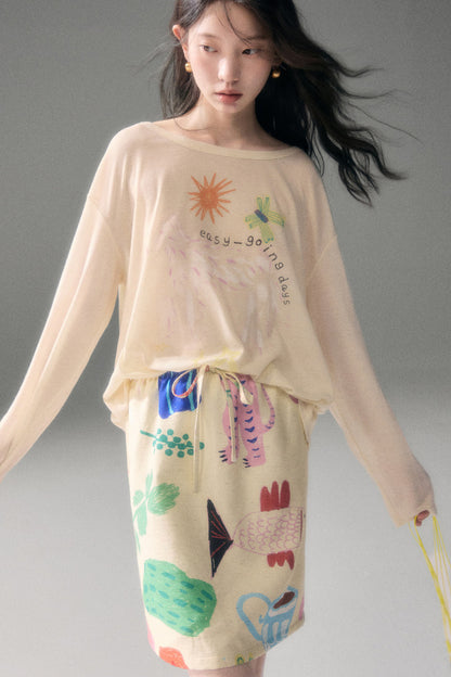 Long-Sleeve Fruit Vegetable Dog Print T-Shirt Set-Up