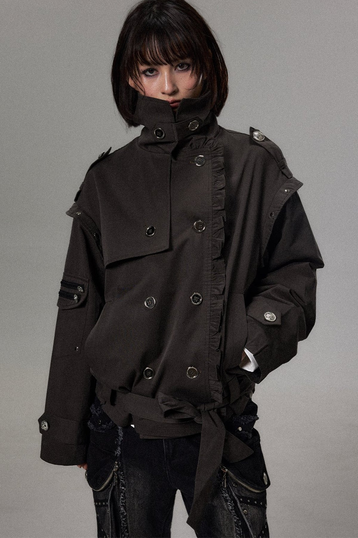Punk Double-Breasted Lace Trim Trench Coat