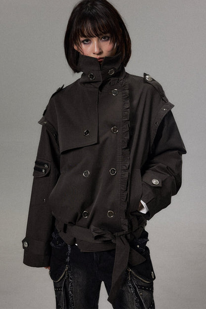 Punk Double-Breasted Lace Trim Trench Coat
