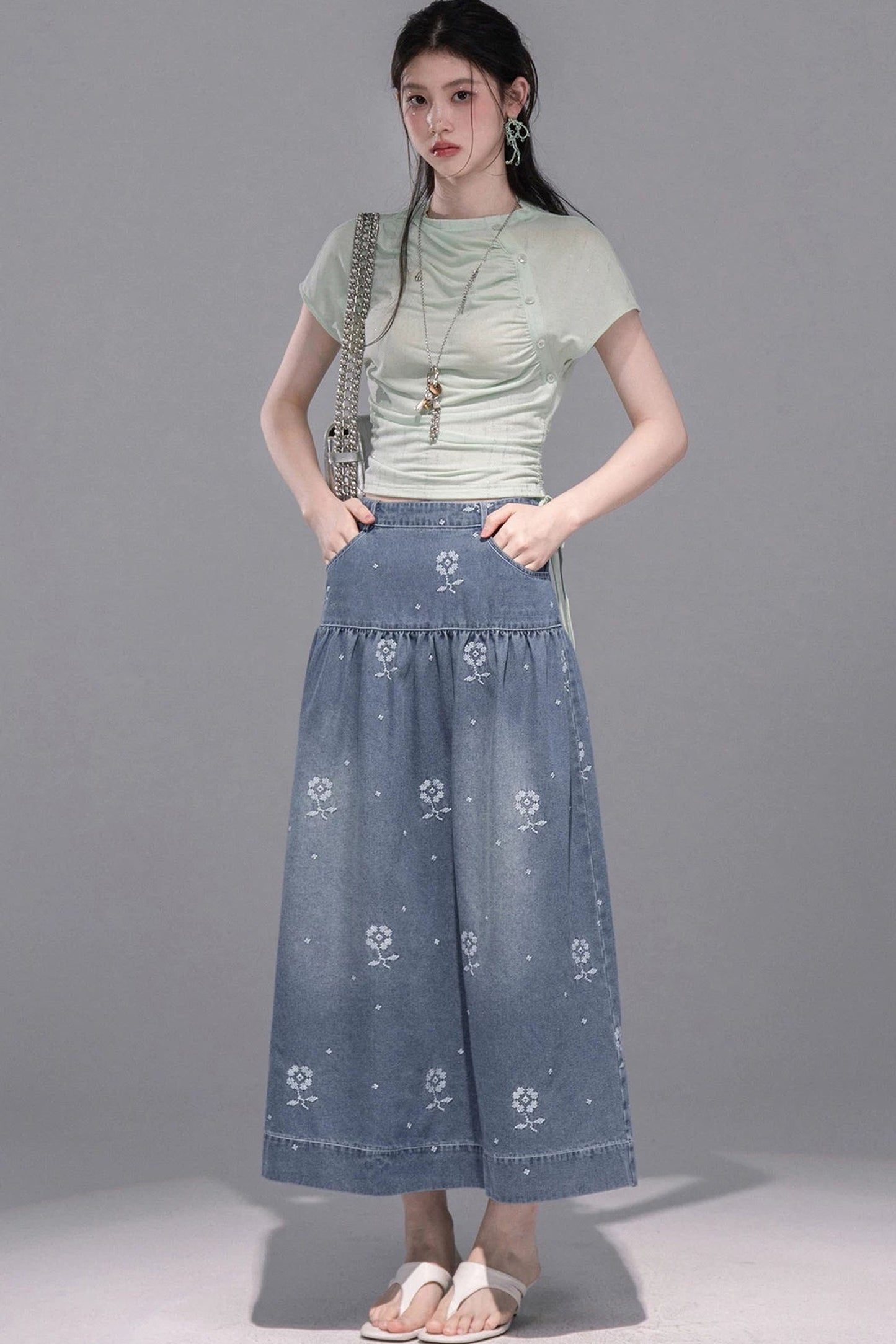 Gentle Denim Cropped Top and Skirt Set