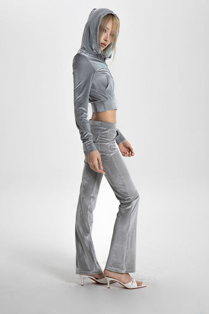 Glossy Velvet Hooded Tracksuit Set-Up