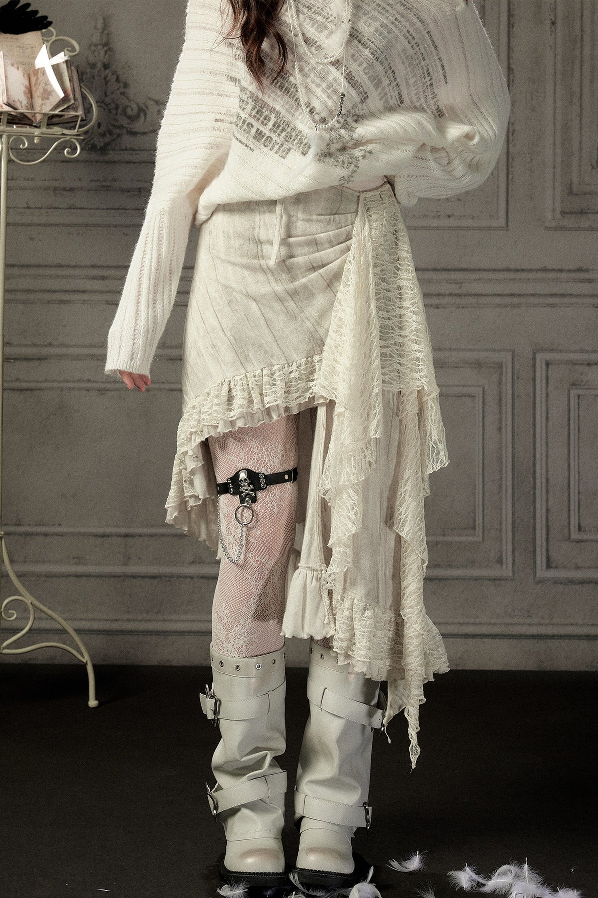 Beige Asymmetrical Lace Spliced Skirt
