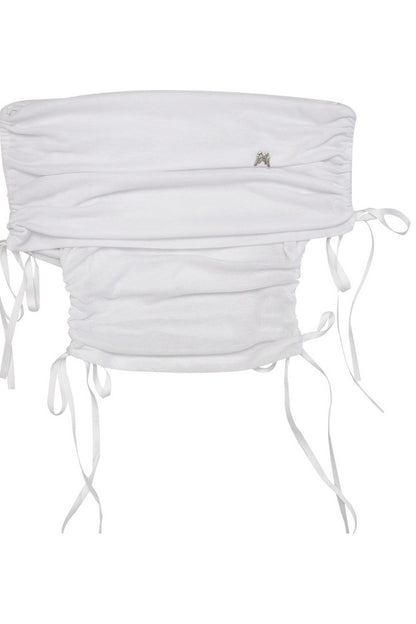 Top con spalle scoperte, volant e fiocco