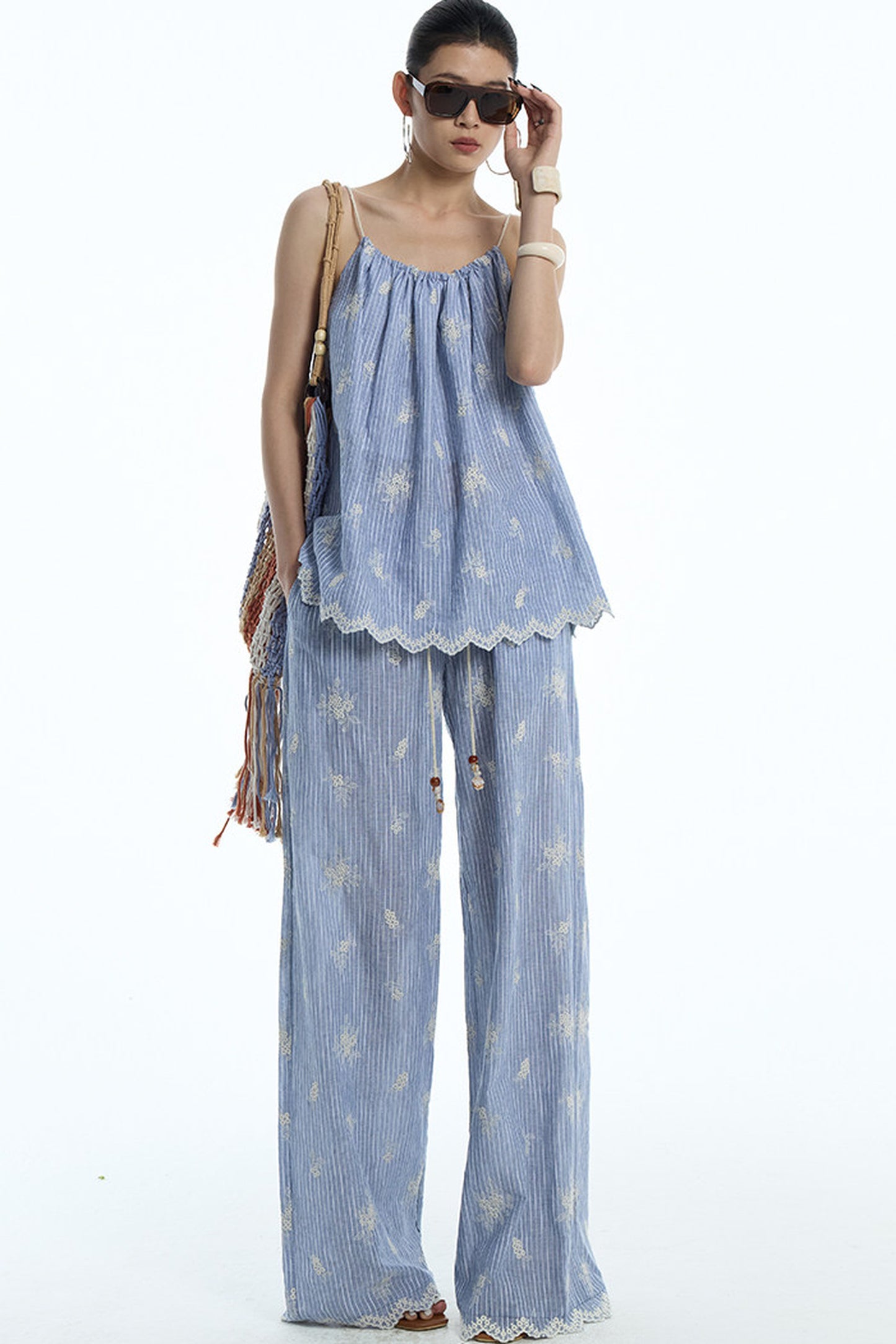 Gray-Blue Jacquard Halter Camisole and Shorts Set-Up