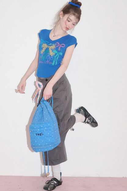 Bow Print V-Neck Short Sleeve T-Shirt